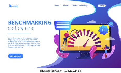 Tiny business people look at product performance indicator. Benchmark testing, benchmarking software, product performance indicator concept. Website vibrant violet landing web page template.