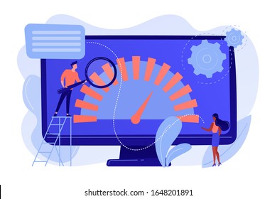 Pequeños empresarios observan el indicador del rendimiento de los productos. Pruebas de referencia, software de referencia, concepto de indicador de rendimiento del producto. Ilustración aislada del catéter de coral