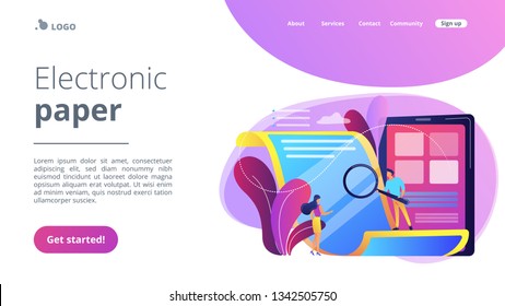 Tiny business people with magnifier reading electronic paper document. Electronic paper, e-ink technology, low energy consumption display concept. Website vibrant violet landing web page template.