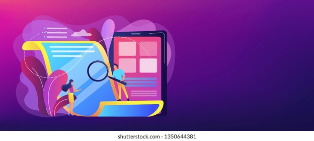 Tiny business people with magnifier reading electronic paper document. Electronic paper, e-ink technology, low energy consumption display concept. Header or footer banner template with copy space.