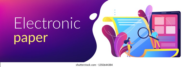 Tiny business people with magnifier reading electronic paper document. Electronic paper, e-ink technology, low energy consumption display concept. Header or footer banner template with copy space.