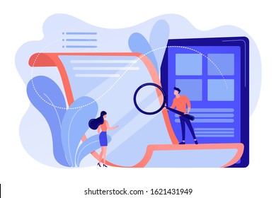 Tiny business people with magnifier reading electronic paper document. Electronic paper, e-ink technology, low energy consumption display concept. Pinkish coral bluevector isolated illustration