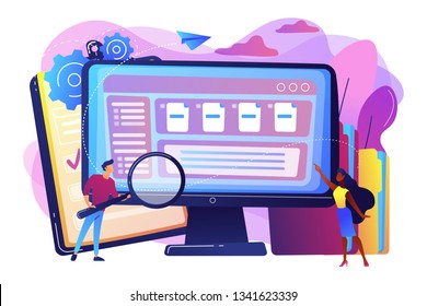 Tiny business people with magnifier work with document management on computer. Document management soft, document flow app, compound docs concept. Bright vibrant violet vector isolated illustration