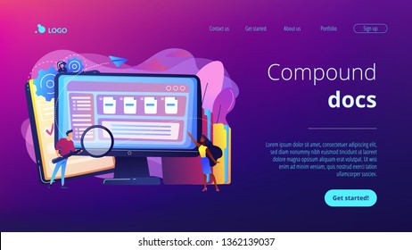 Kleine Geschäftsleute mit Lupe arbeiten mit der Dokumentenverwaltung auf dem Computer. Dokumentenmanagement weich, Dokumentenfluss-App, Compound-Docs-Konzept. Website lebendige violette Landing-Website-Vorlage.