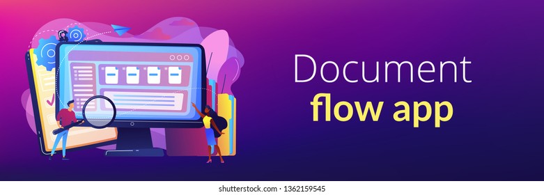 Tiny business people with magnifier work with document management on computer. Document management soft, document flow app, compound docs concept. Header or footer banner template with copy space.