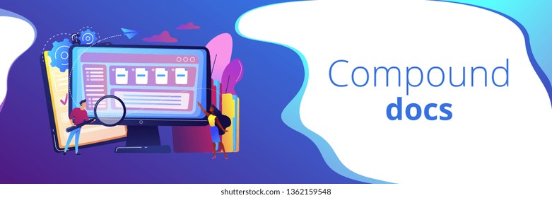 Tiny business people with magnifier work with document management on computer. Document management soft, document flow app, compound docs concept. Header or footer banner template with copy space.