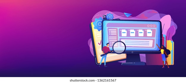 Tiny business people with magnifier work with document management on computer. Document management soft, document flow app, compound docs concept. Header or footer banner template with copy space.