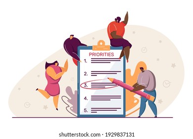 Tiny business people making priority list. Team prioritizing tasks in checklist, marking importance. Vector illustration for planning, agenda, efficiency, progress concept