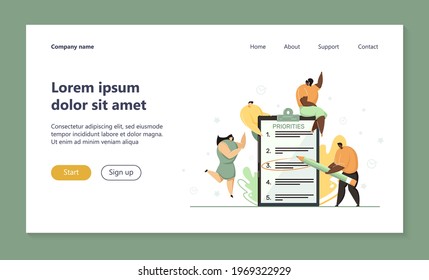 Tiny business people making priority list. Team prioritizing tasks in checklist, marking importance. Vector illustration for planning, agenda, efficiency, progress concept