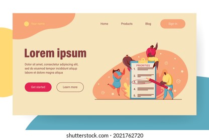 Tiny business people making priority list. Team prioritizing tasks in checklist, marking importance. Vector illustration for planning, agenda, efficiency, progress concept