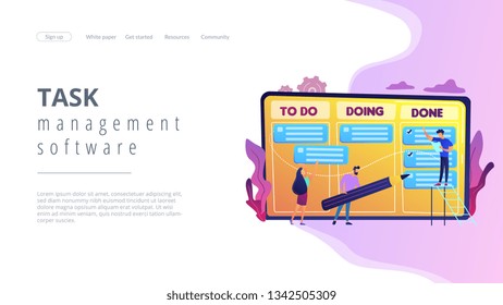 Pequeno empresário e gerente no gráfico de realização de tarefas e metas. Gerenciamento de tarefas, ferramenta de gerentes de projetos, conceito de software de gerenciamento de tarefas. Site vibrante violeta modelo de página de aterrissagem.