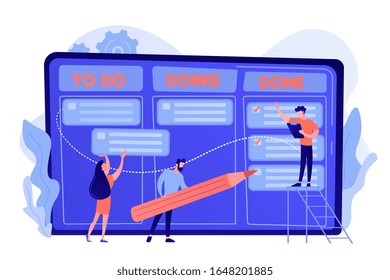 Tiny business people   manager at tasks   goals accomplishment chart  Task management  project managers tool  task management software concept  Pinkish coral bluevector isolated illustration