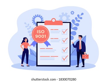 Tiny Business People Meeting Quality Control Standards And Getting Certificate. Flat Vector Illustration For Certification, Quality Management, Industry Concept