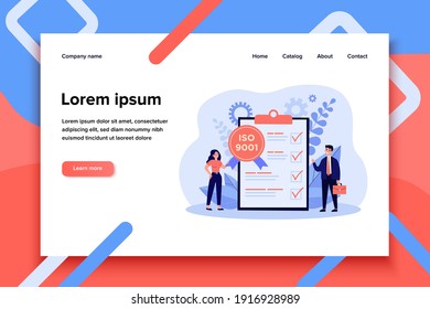 Tiny business people meeting quality control standards and getting certificate. Flat vector illustration for certification, quality management, industry concept