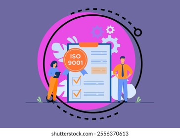 Tiny business people passed standard quality control isolated flat vector illustration. Cartoon document standardization industry. ISO system and international certification concept