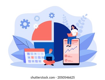 Tiny business people planning work projects. Office workers working with calendar schedule, charts flat vector illustration. Time management concept for banner, website design or landing web page