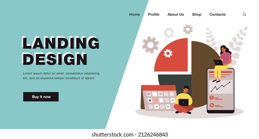 Tiny business people planning work projects. Office workers working with calendar schedule, charts flat vector illustration. Time management concept for banner, website design or landing web page