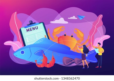 Tiny business people reading menu and sea food products, fish and crab. Seafood menu, seafood nutrition diet, marine products shop concept. Bright vibrant violet vector isolated illustration