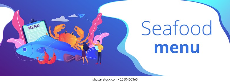 Tiny business people reading menu and sea food products, fish and crab. Seafood menu, seafood nutrition diet, marine products shop concept. Header or footer banner template with copy space.