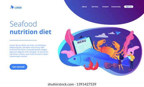 Tiny business people reading menu and sea food products, fish and crab. Seafood menu, seafood nutrition diet, marine products shop concept. Website homepage landing web page template.