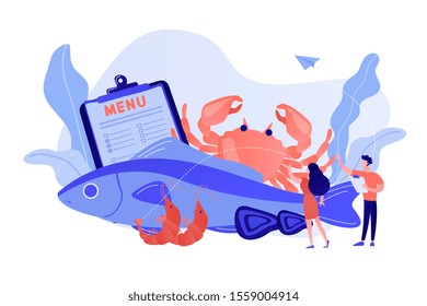 Tiny business people reading menu and sea food products, fish and crab. Seafood menu, seafood nutrition diet, marine products shop concept. Pinkish coral bluevector isolated illustration