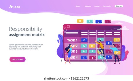 Tiny business people at responsibility chart with tasks. RACI matrix, responsibility assignment matrix, linear responsibility chart concept. Website vibrant violet landing web page template.