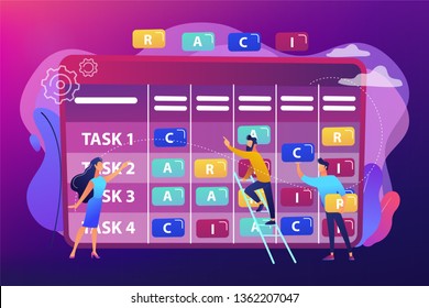 Tiny business people at responsibility chart with tasks. RACI matrix, responsibility assignment matrix, linear responsibility chart concept. Bright vibrant violet vector isolated illustration
