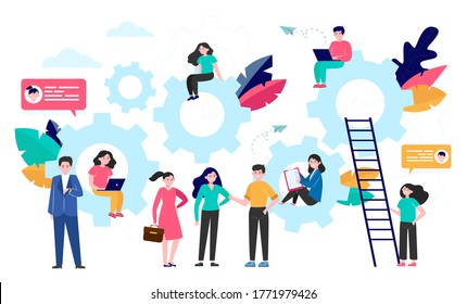Tiny business people sitting on cogwheel and standing near it isolated flat vector illustration. Man and woman in strategy management system. Engineering, communication and teamwork concept