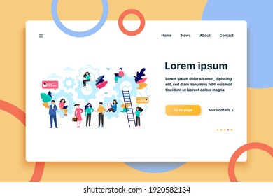 Tiny business people sitting on cogwheel and standing near it isolated flat vector illustration. Man and woman in strategy management system. Engineering, communication and teamwork concept