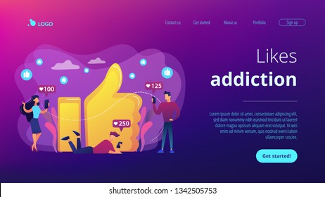 Tiny business people with smartphones and tablet get like notifications. Likes addiction, thumbs-up dependence, social media madness concept. Website vibrant violet landing web page template.