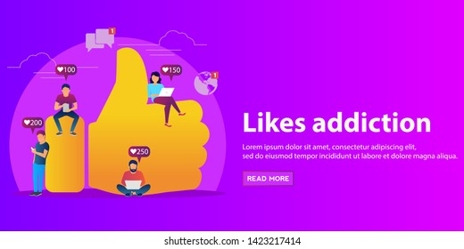 Tiny business people with smartphones and tablet get like notifications. Likes addiction, thumbs-up dependence, social media madness concept. Website vibrant violet landing web page template. - Vector