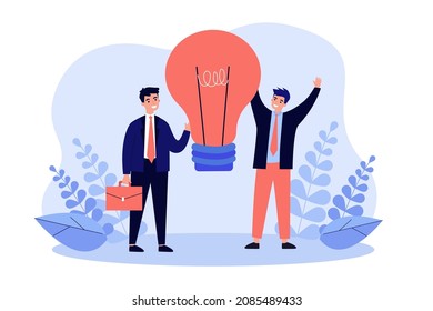 Tiny business people standing with light bulb. Teamwork of persons on creative idea flat vector illustration. Energy of inspiration, success concept for banner, website design or landing web page