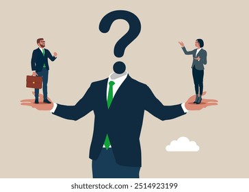 Pequeños hombres de negocios de pie en una mano gigante. Dirección de conflicto del empleado, discusión entre compañeros de trabajo, pensamiento diferente, desacuerdo o camino opuesto. Ilustración vectorial plana