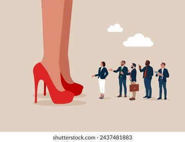 Tiny business people stands facing giant woman. Small and big companies. Searching the best candidate or job. Modern vector illustration in flat style
