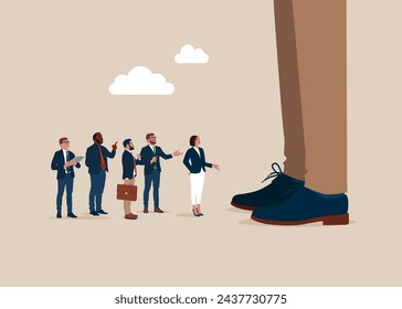 Pequeños empresarios se enfrentan a un empresario gigante. Pequeñas y grandes empresas. Ilustración vectorial plana