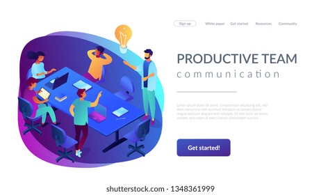 Tiny business people team at table brainstorming, sharing ideas. Productive team communication, efficient collaboration, open space office concept. Isometric 3D website app landing web page template