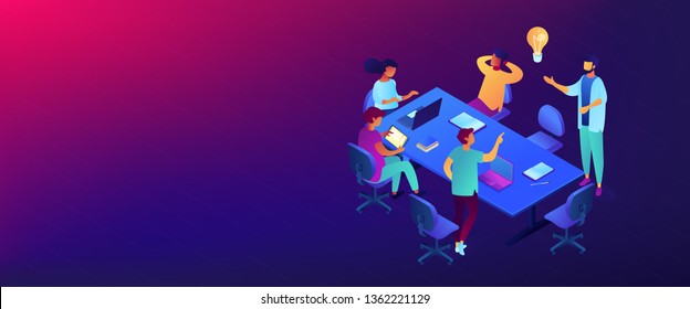 Tiny business people team at table brainstorming, sharing ideas. Productive team communication, efficient collaboration, open space office concept. Isometric 3D banner header template copy space.