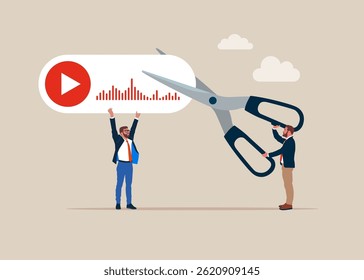 Tiny business people uses scissors to cut voice message. Ringtone cutout. Goal and target. Discussion, conversation, meeting, team communication. Flat vector illustration.