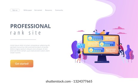 Tiny business people using rating site to vote on people on computer screen. Rating site, professional rank site, content rating page concept. Website vibrant violet landing web page template.