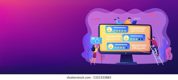 Tiny business people using rating site to vote on people on computer screen. Rating site, professional rank site, content rating page concept. Header or footer banner template with copy space.