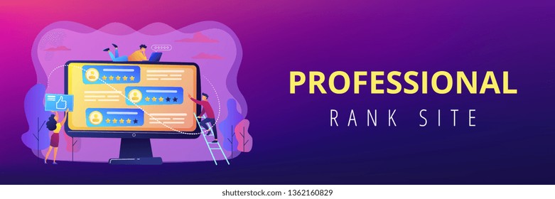 Tiny business people using rating site to vote on people on computer screen. Rating site, professional rank site, content rating page concept. Header or footer banner template with copy space.