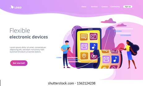 Tiny business people using smartphone with flexible screen. Foldable smartphone, flexible electronic devices, new technology trend concept. Website vibrant violet landing web page template.