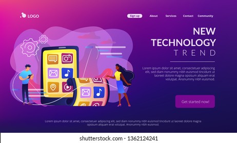 Tiny business people using smartphone with flexible screen. Foldable smartphone, flexible electronic devices, new technology trend concept. Website vibrant violet landing web page template.