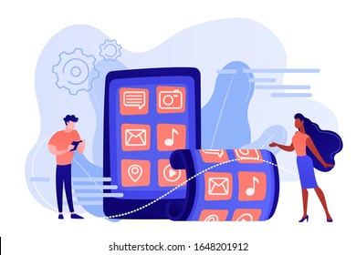 Tiny business people using smartphone with flexible screen. Foldable smartphone, flexible electronic devices, new technology trend concept. Pinkish coral bluevector isolated illustration