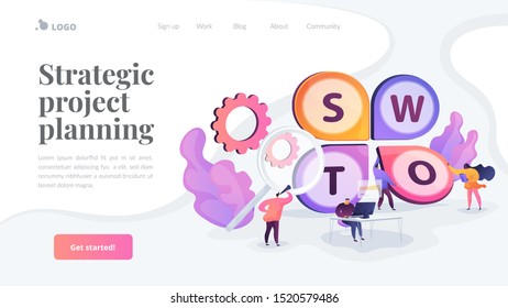 Tiny business people using SWOT technique for planning project. SWOT analysis method, SWOT matrix, strategic project planning concept. Website homepage header landing web page template.