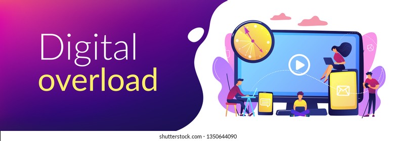 Tiny business people watching at digital devices screens and clock. Screen addiction, digital overload, information overload implications concept. Header or footer banner template with copy space.