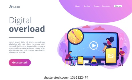 Tiny business people watching at digital devices screens and clock. Screen addiction, digital overload, information overload implications concept. Website vibrant violet landing web page template.