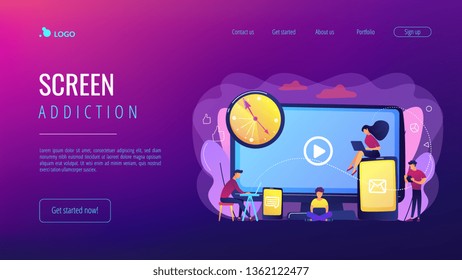 Tiny business people watching at digital devices screens and clock. Screen addiction, digital overload, information overload implications concept. Website vibrant violet landing web page template.
