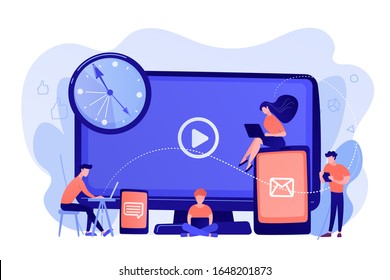 Tiny business people watching at digital devices screens and clock. Screen addiction, digital overload, information overload implications concept. Pinkish coral bluevector isolated illustration