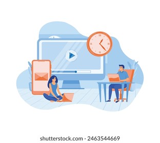 Tiny business people watching at digital devices screens and clock. Screen addiction, digital overload, information overload implications concept. flat vector modern illustration